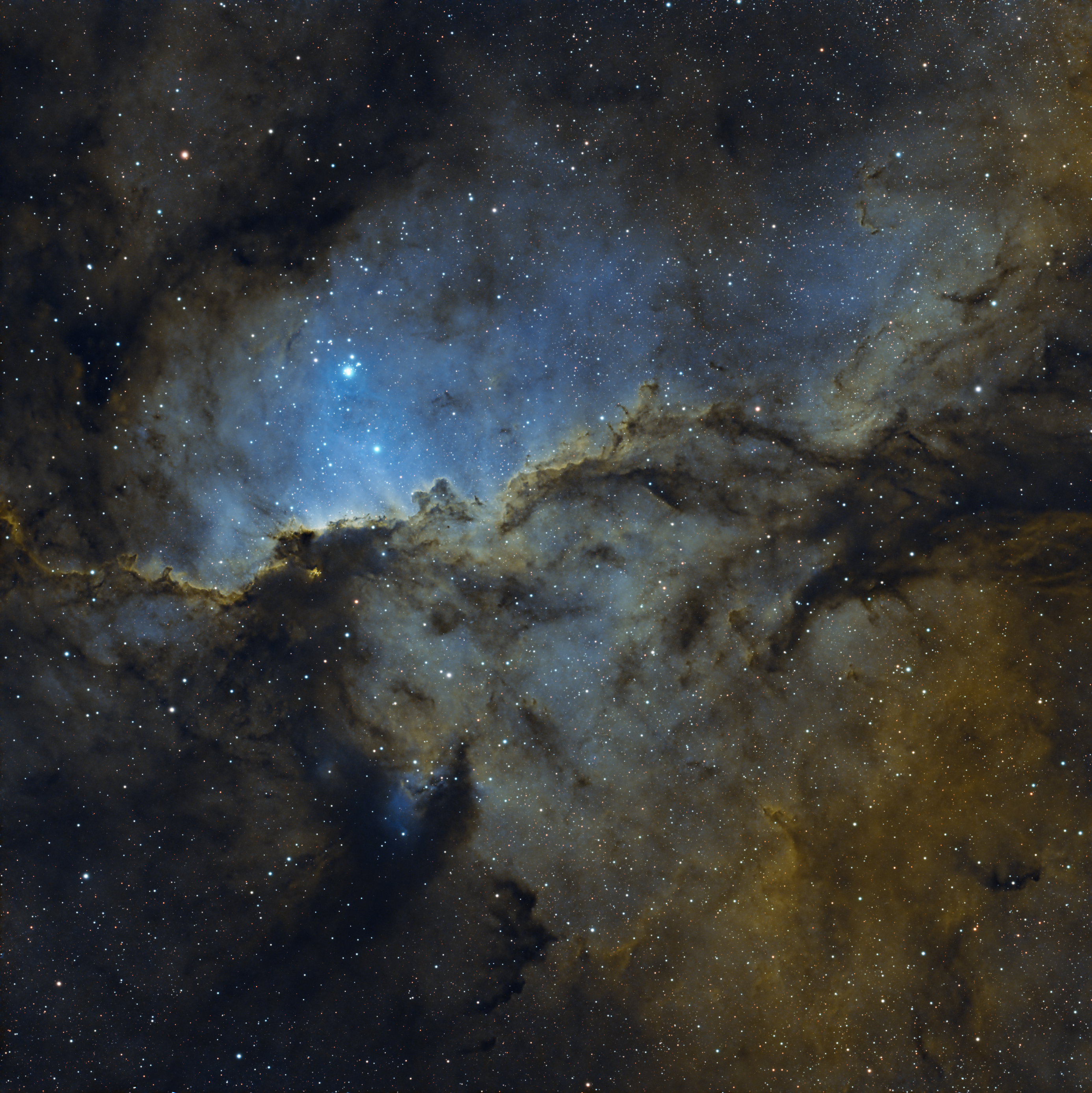 Interlocking pale and dark nebular structures in the Fighting Dragons of Ara region.