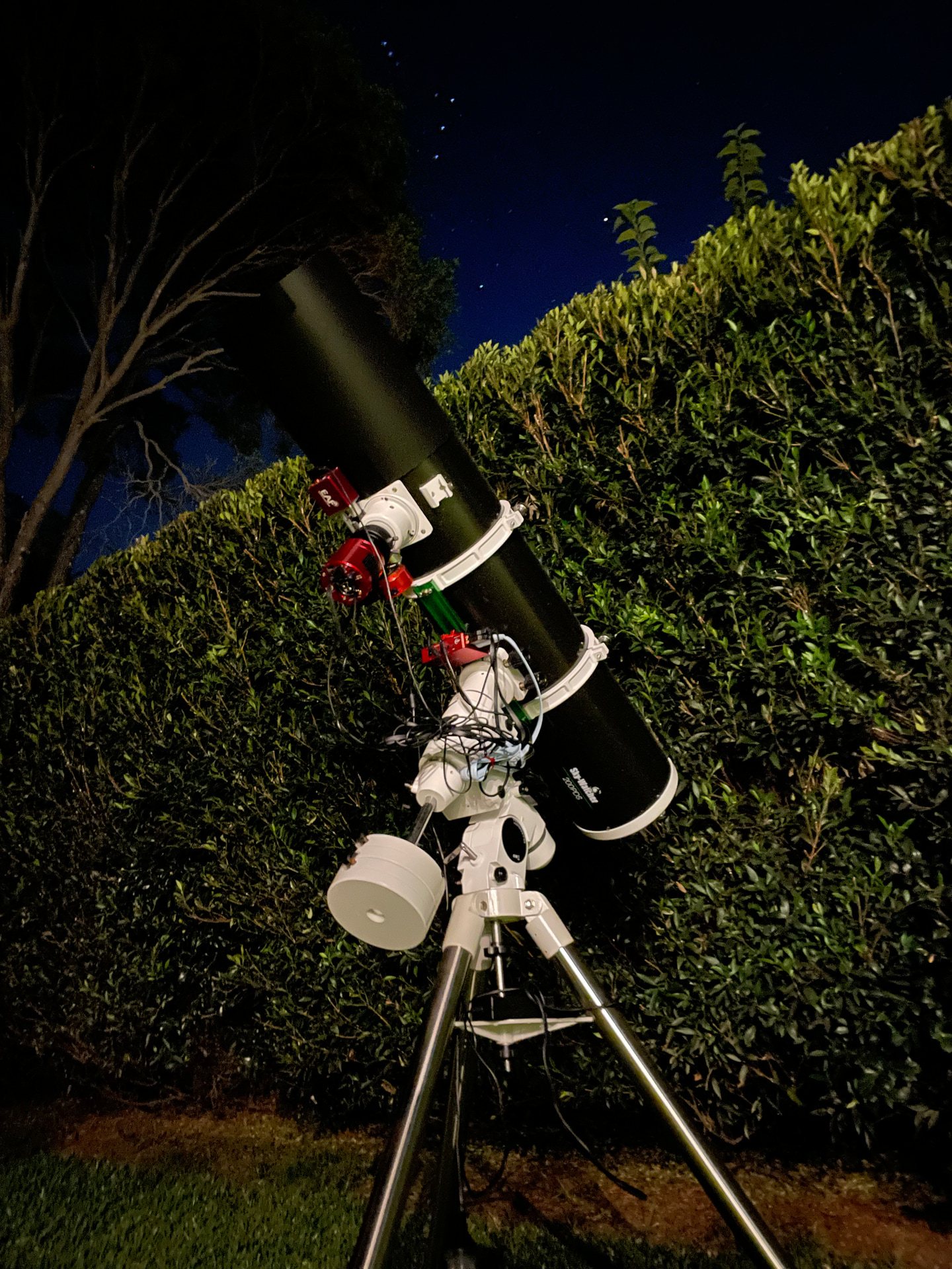 Caleb’s telescope and imaging equipment set up outside at night.