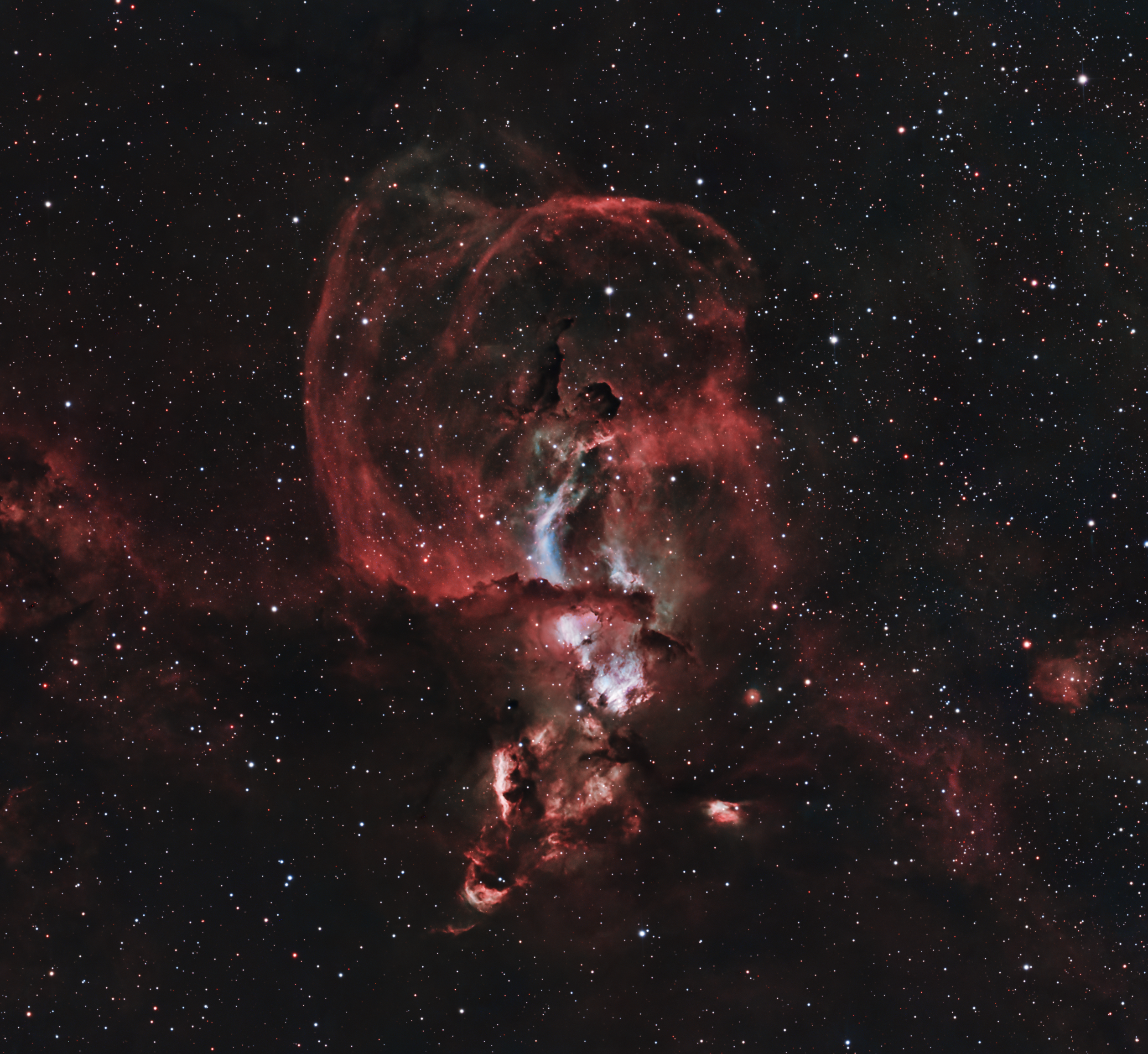 The Statue of Liberty Nebula appearing as a tall red emission structure in a dense star field.