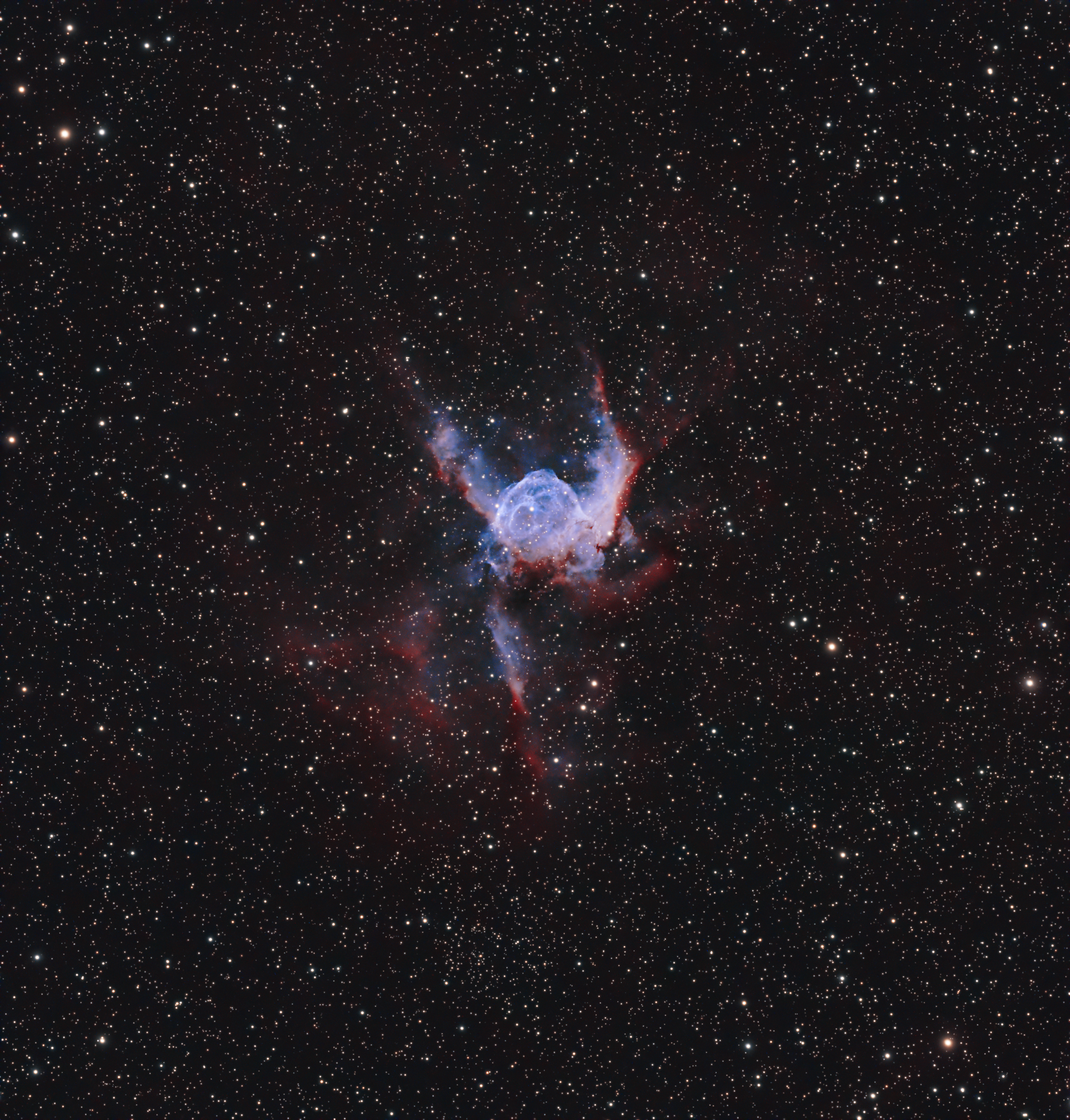 The blue central bubble and sweeping wings of Thor's Helmet Nebula, edged with red emission in a dense star field.